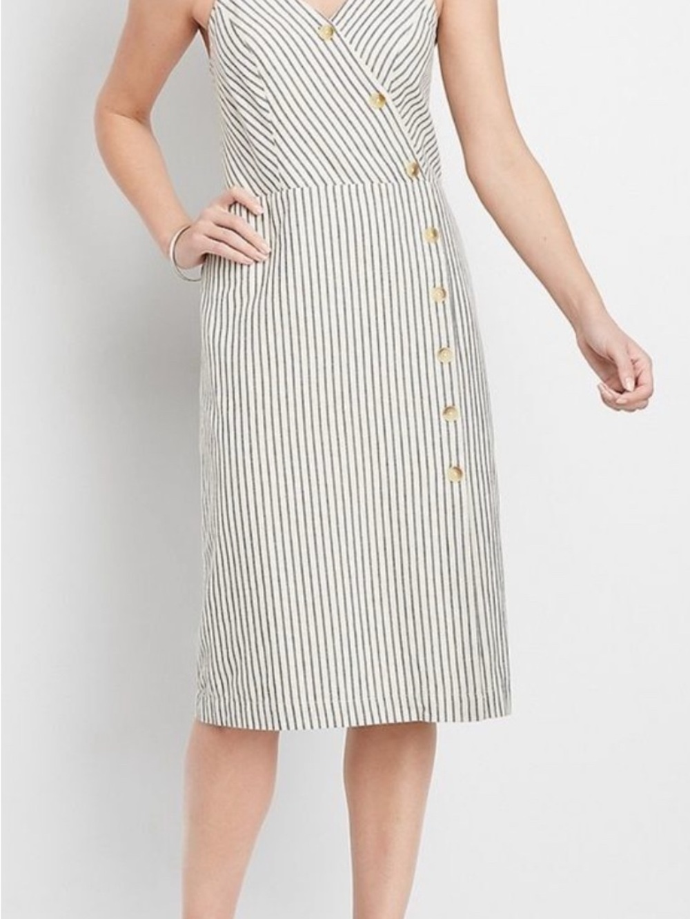 Sleeveless Striped Button-Front Midi Dress in Cream and Gray